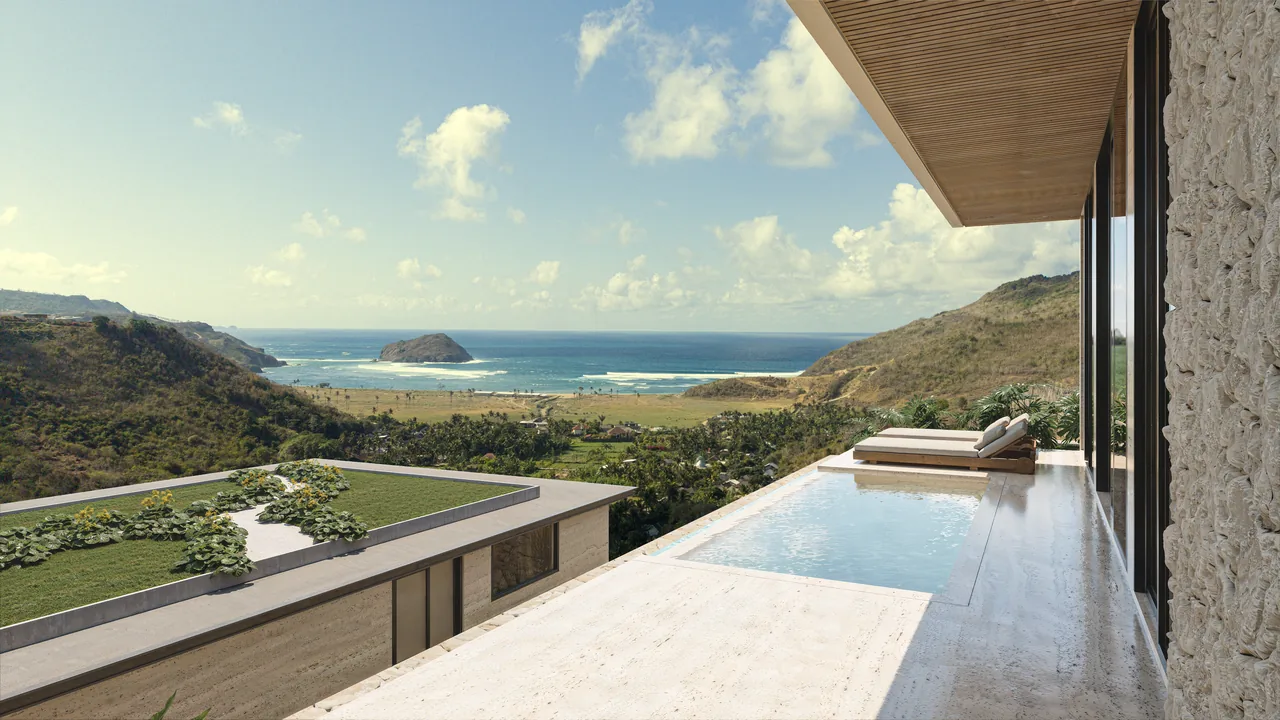 Samudra Villas – Exterior render, pool deck and ocean view over Are Guling, South Lombok